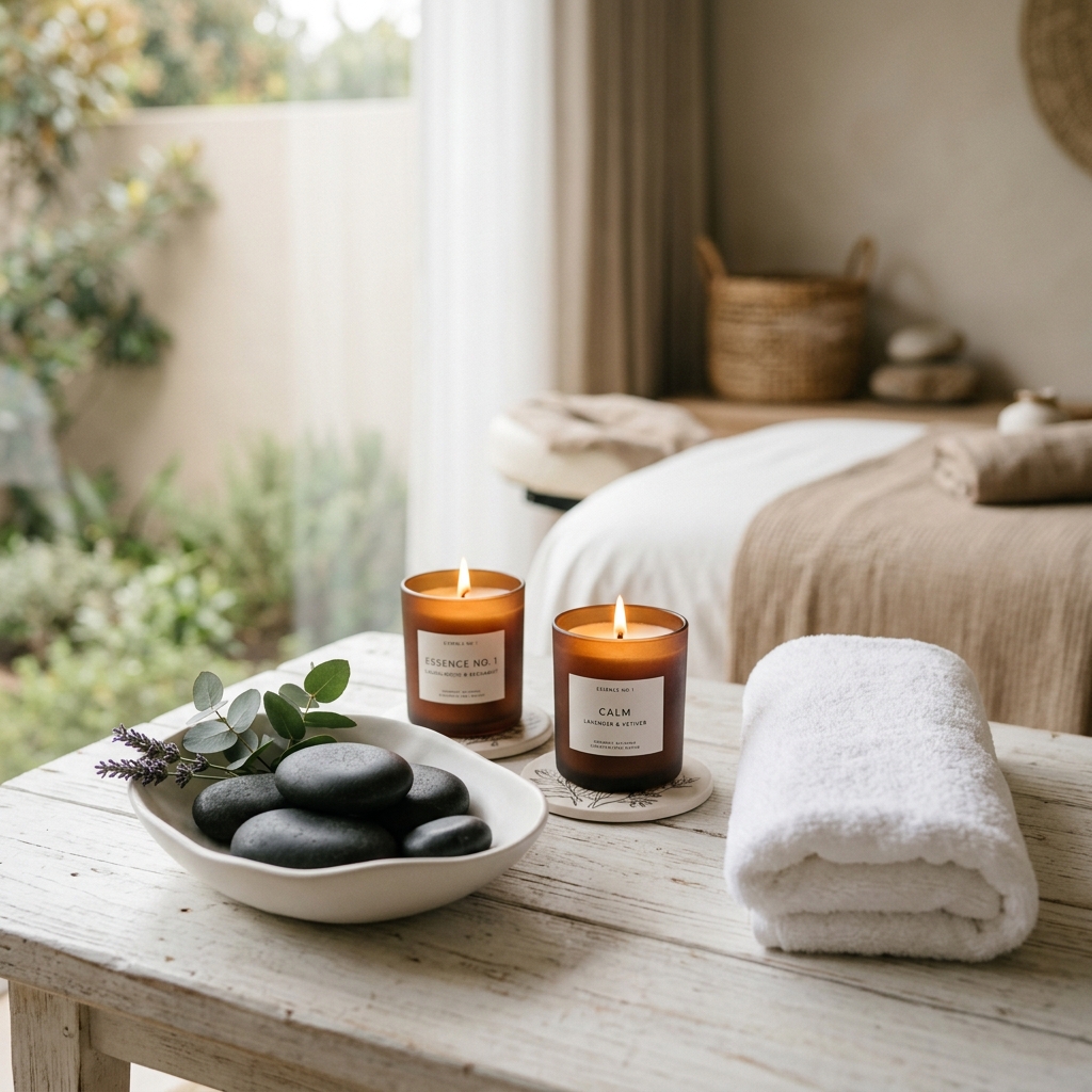 Ghani Home Massage candle, towel, and massage stones setup